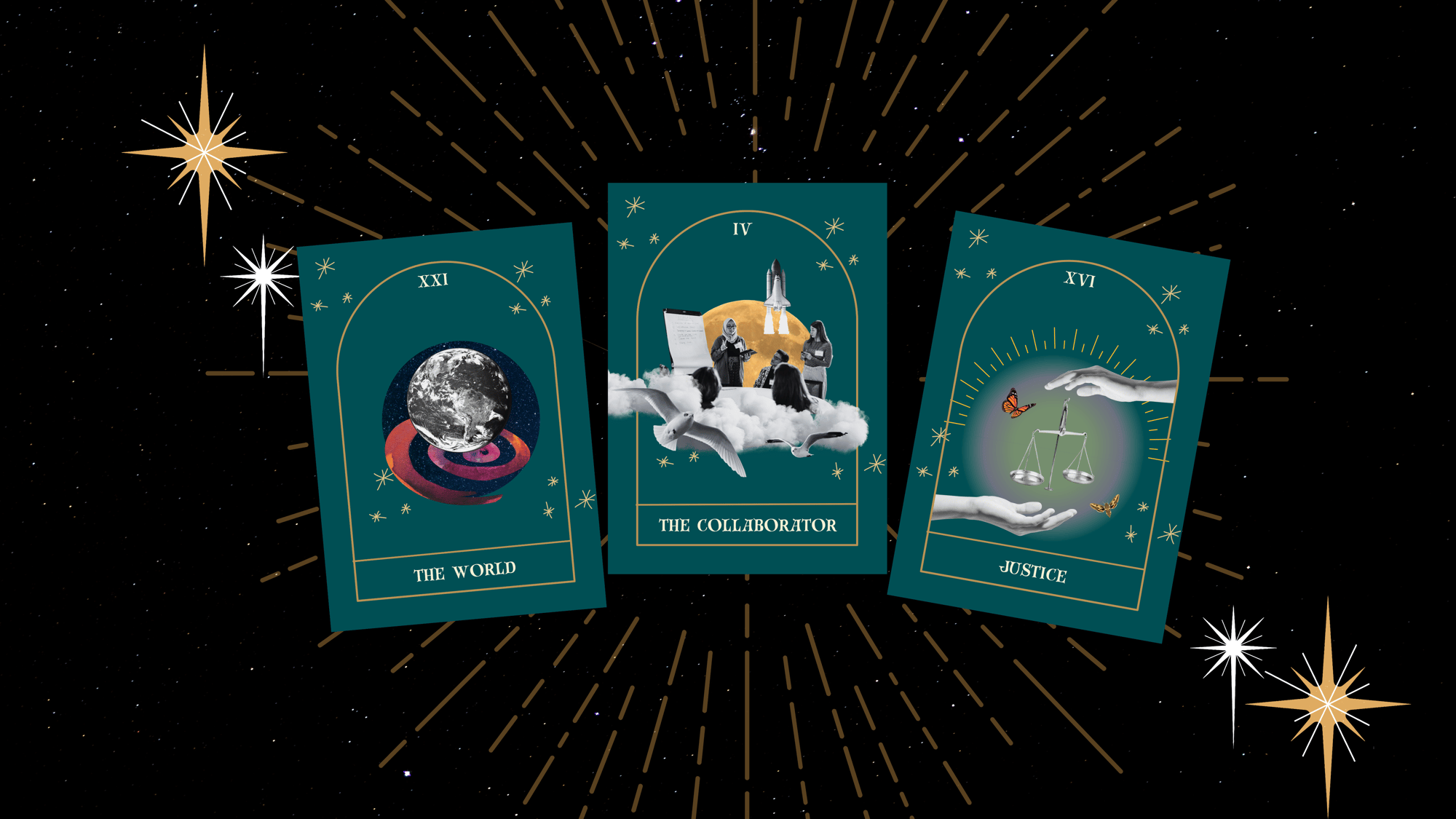 Three tarot cards on a starry background