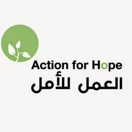 Action for Hope Logo. Black words with a green leaf icon.